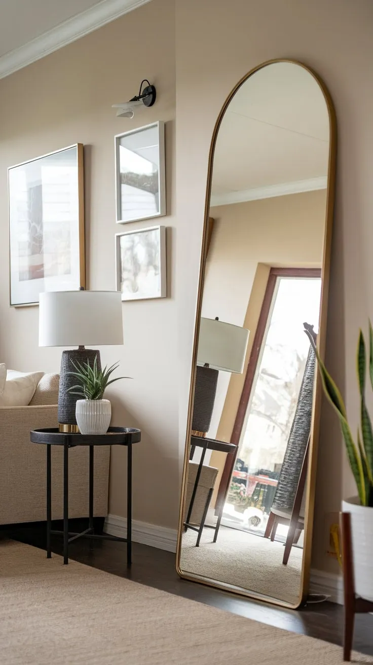 A stylish full-length mirror adds sophistication to a subtly decorated living room entryway.