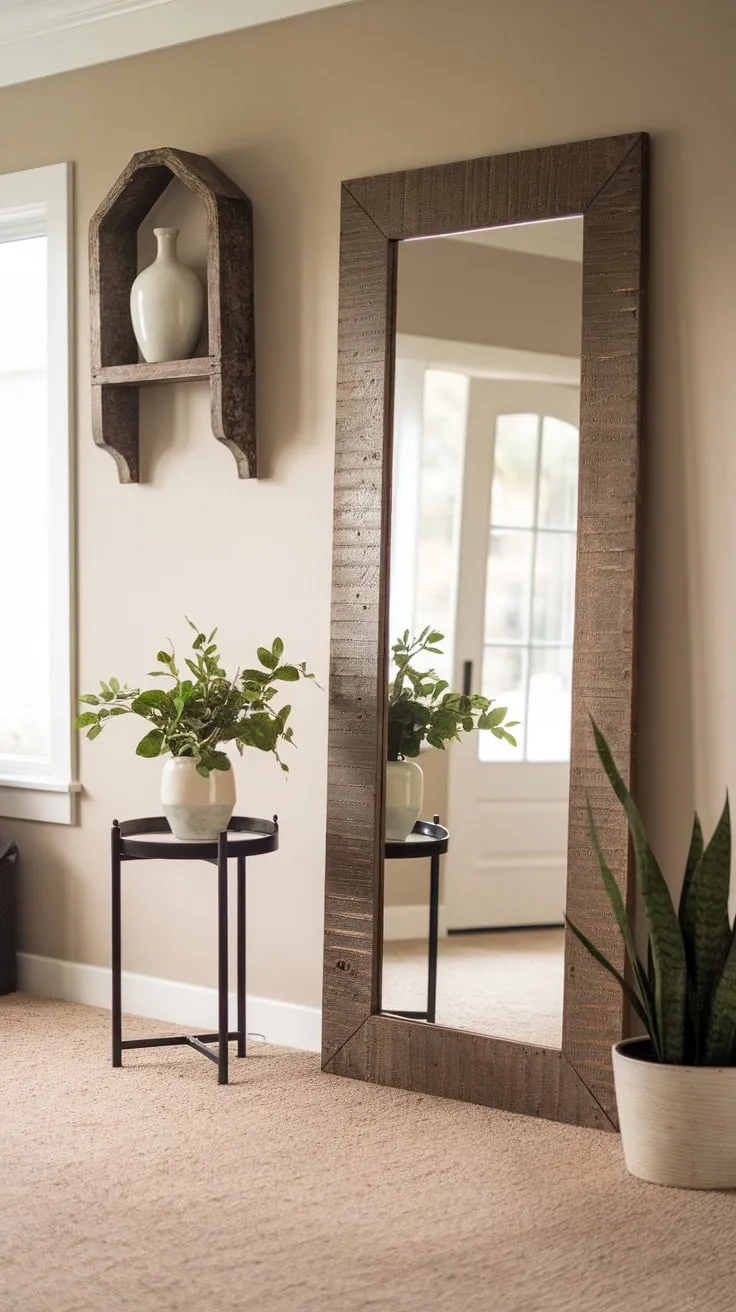 A rustic-framed full-length mirror, strategically placed in a softly lit hallway, enhances the home's entrance with a touch of natural elegance