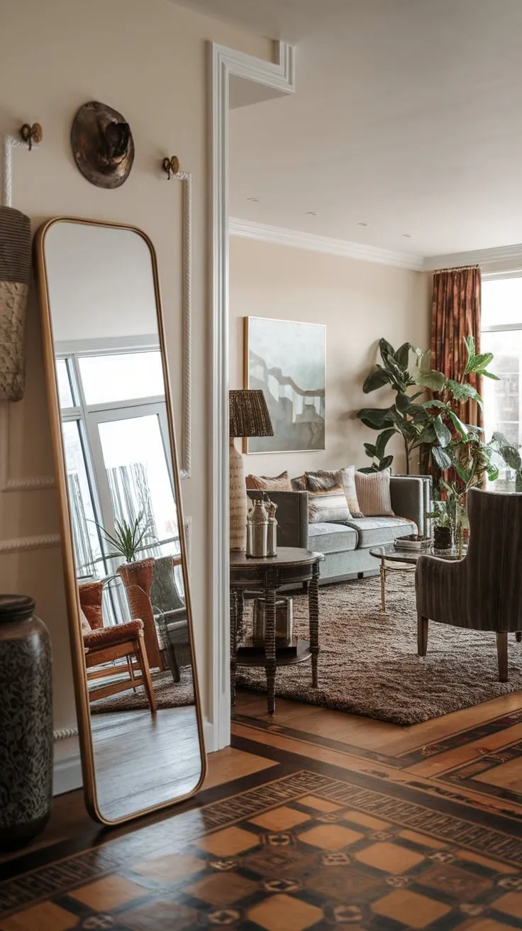 A full-length hallway mirror enhances a stylish living room's entryway, reflecting its plush furnishings and curated décor