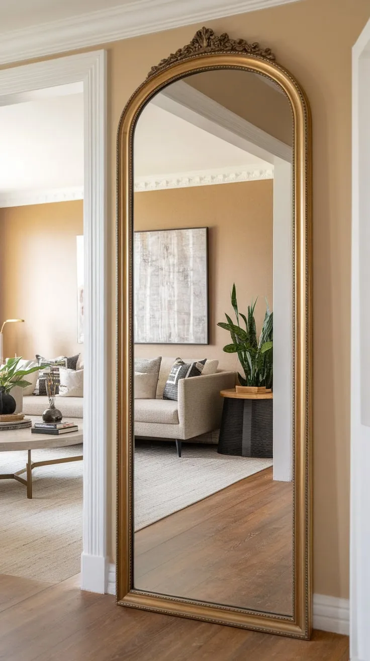 A gleaming gold-framed mirror reflects a stylish living room from its perfect hallway placement