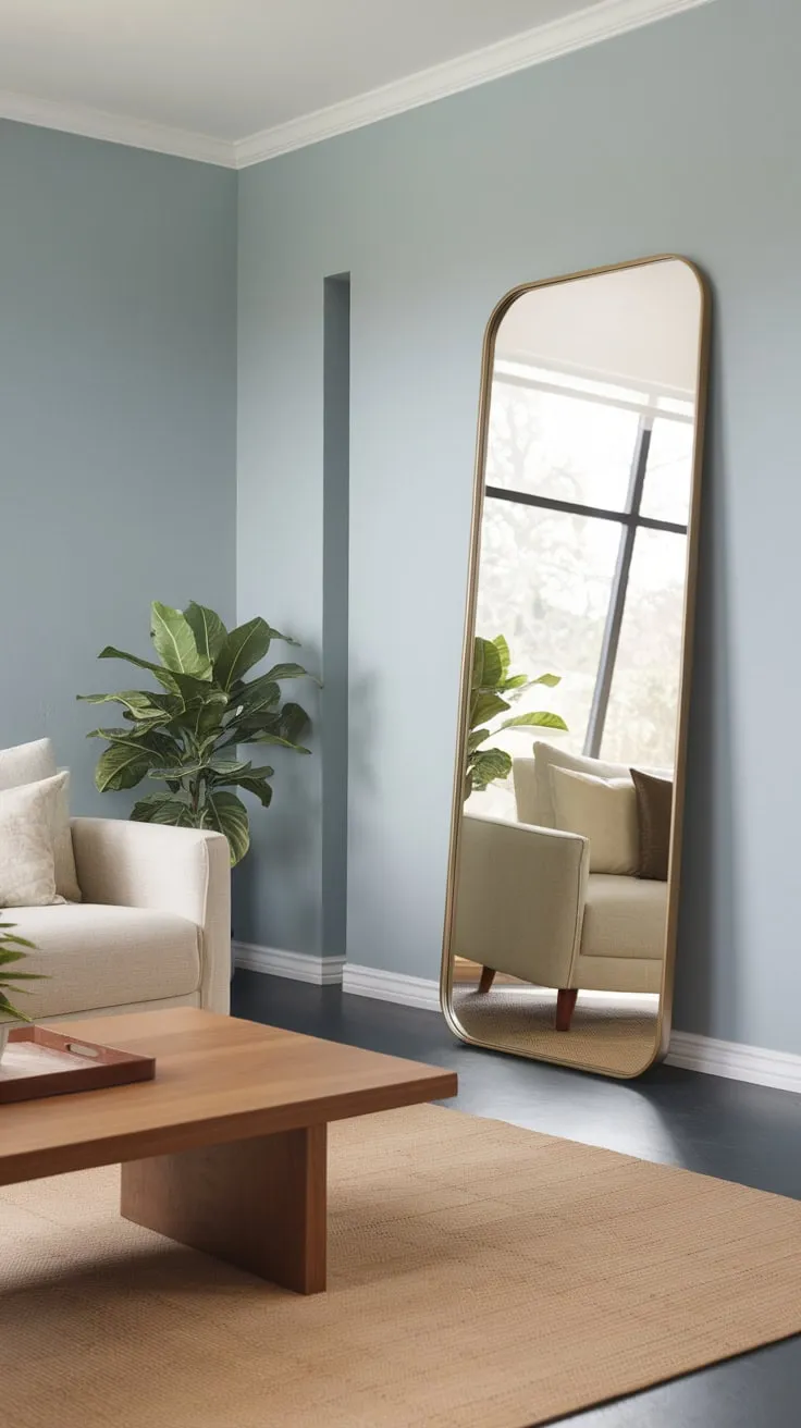 A full-length hallway mirror brightens a light blue living room with beige accents, creating an inviting entryway.