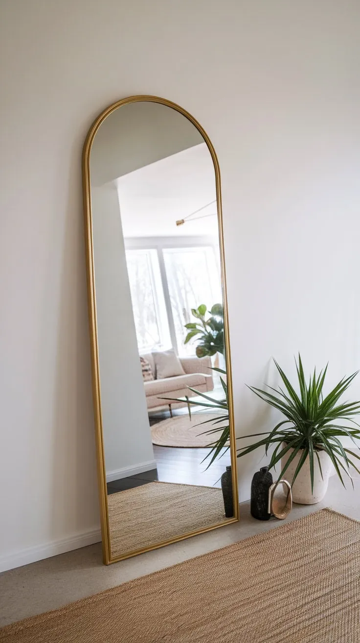 A hallway's understated elegance is amplified by a full-length gold-framed mirror, complemented by a potted plant and decorative accents.