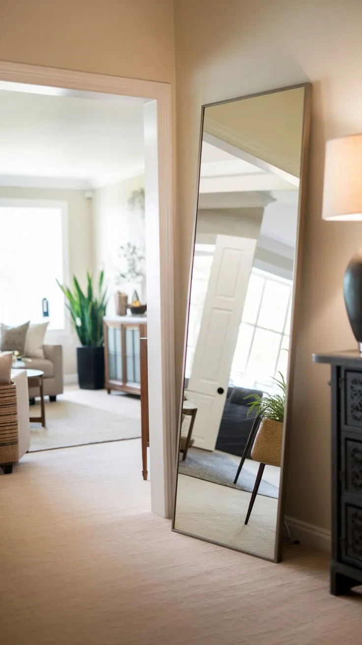 A full-length mirror leans against the wall, showcasing a beautifully decorated living room and creating a bright, inviting atmosphere.