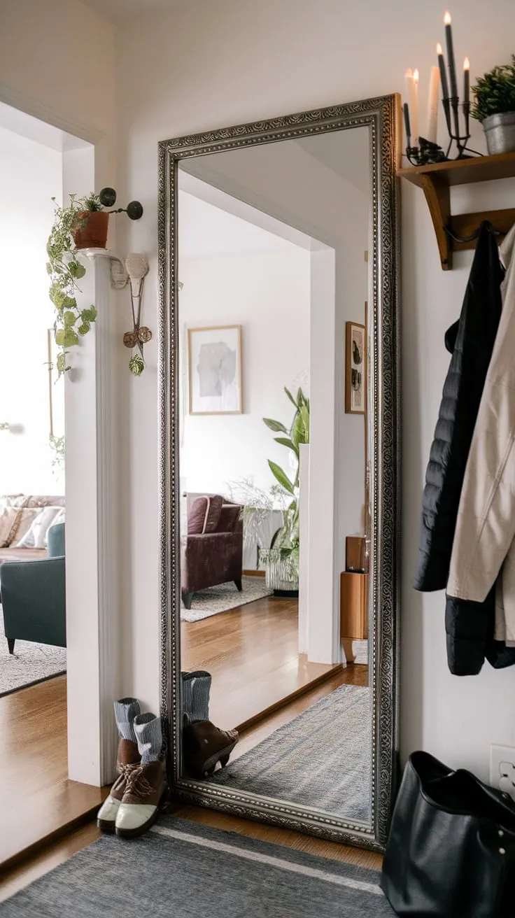 This full-length hallway mirror, a statement piece in our home entrance decor, effortlessly blends with the living room decor.  The apartment decor is completed by thoughtful touches like the rug, plant, and candle, creating a welcoming home design and showcasing impeccable room design and interior design choices.