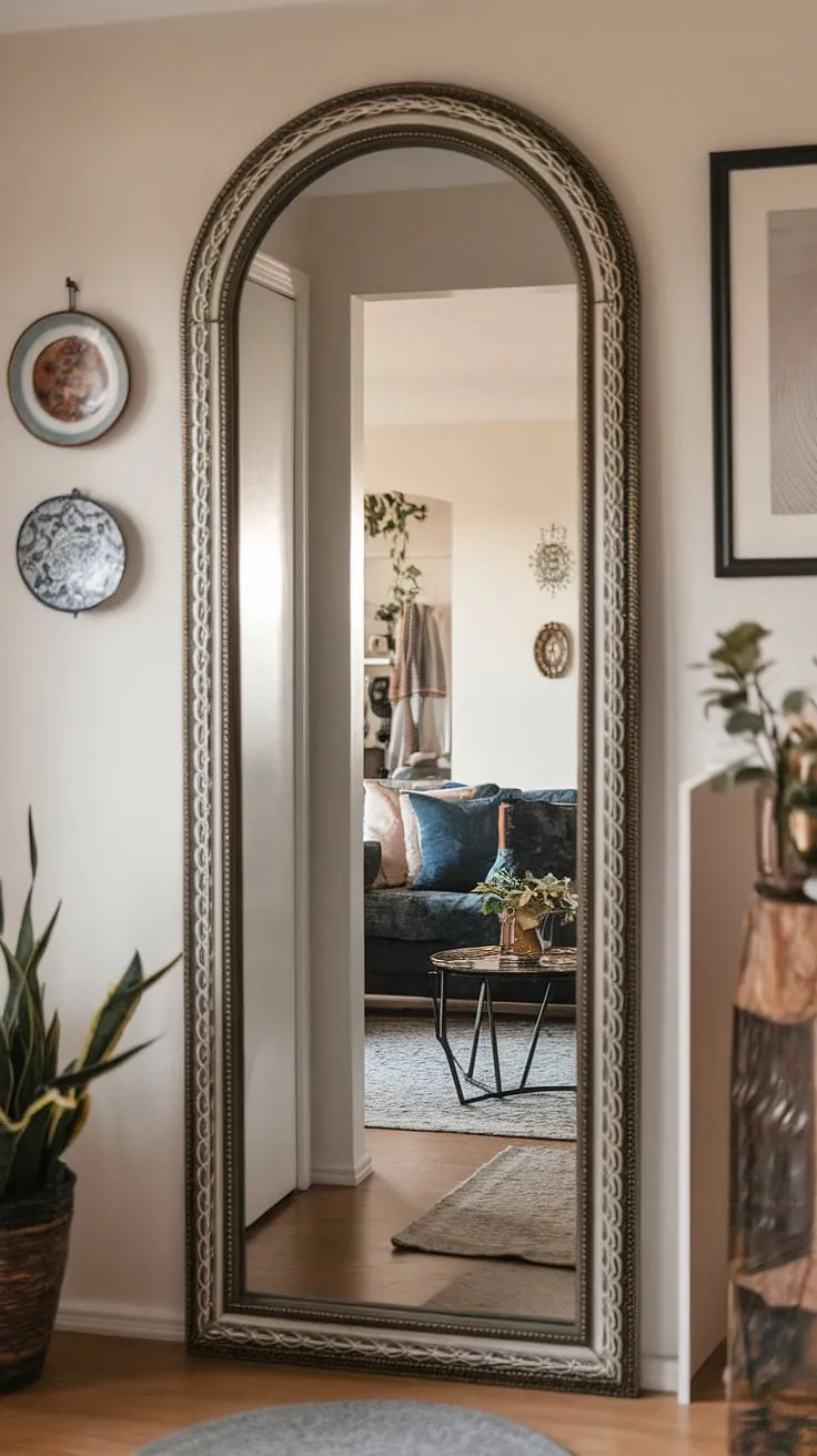 This full-length hallway mirror is more than just a reflection; it's a statement piece that seamlessly blends home entrance decor with living room decor.  The elegant frame complements the overall apartment decor, showcasing a cohesive home design and thoughtful room design choices.  This interior design element effortlessly connects the hallway and living space, creating a welcoming atmosphere.