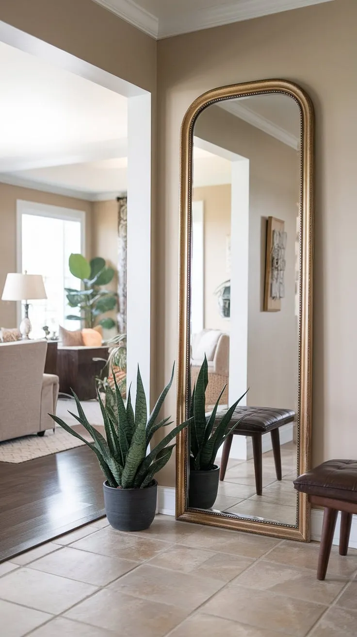 This full-length hallway mirror is the perfect finishing touch for this home entrance decor.  The gold frame adds a touch of elegance, while the small bench and plant create a welcoming atmosphere.  The view through to the living room, with its cozy couch and plants, showcases a cohesive apartment decor and home design. This room design perfectly blends home decor and interior design elements.