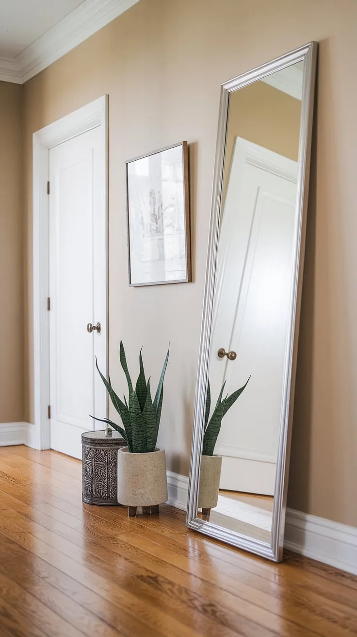 A full-length hallway mirror becomes a statement piece in this home design, seamlessly blending home entrance decor with living room decor aesthetics.  The apartment decor is effortlessly chic, with the neutral beige walls and hardwood floors providing the perfect canvas for this interior design.  Simple yet stylish home decor elements, like the plant and box, add personality to the room design.