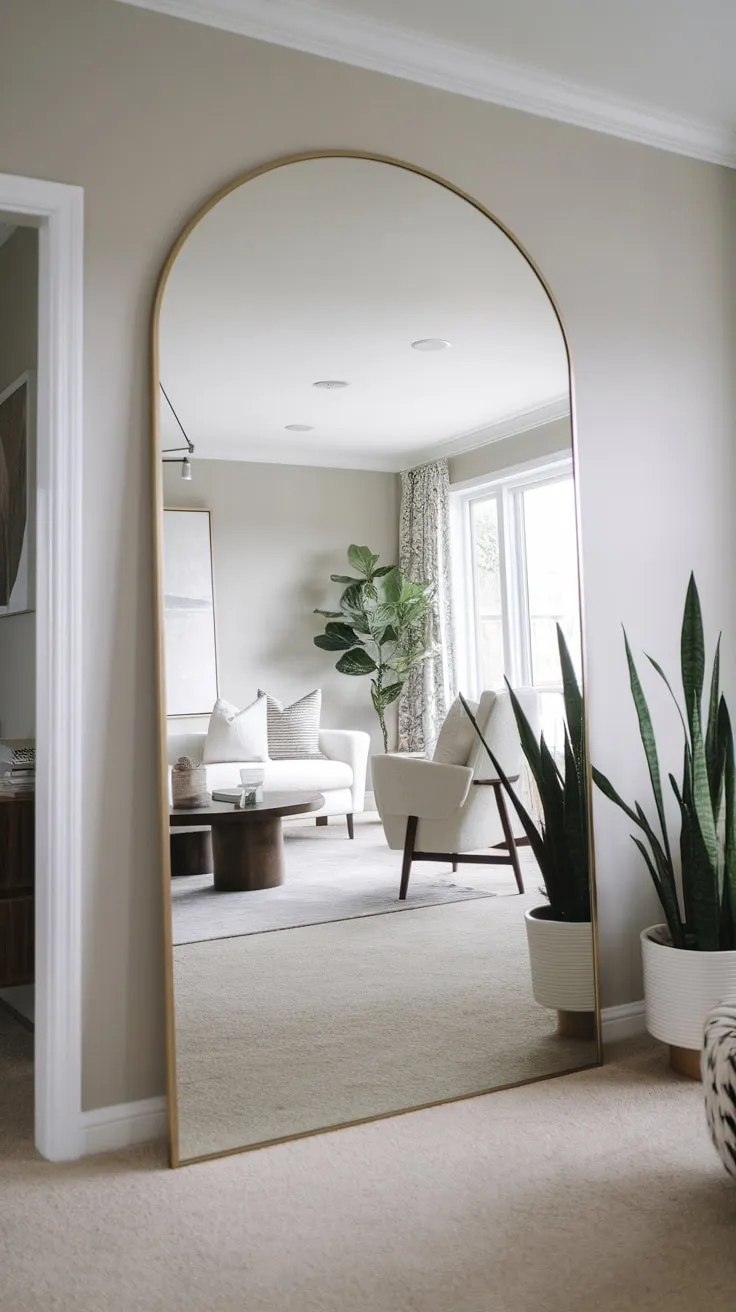 A strategically placed full-length hallway mirror expands the perceived space of a modern, light-grey living room.