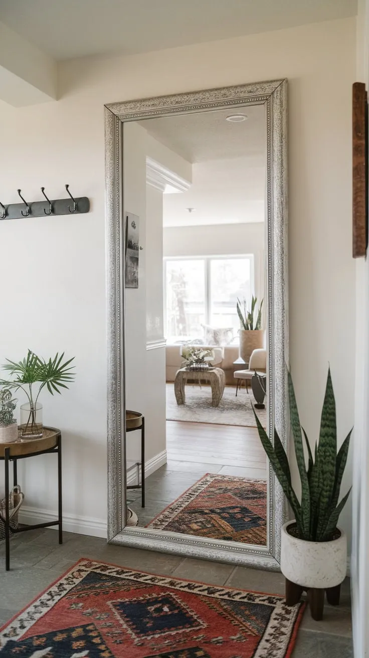 A bright hallway welcomes you with a full-length mirror in a decorative frame, complemented by stylish rugs, plants, and wall hooks.