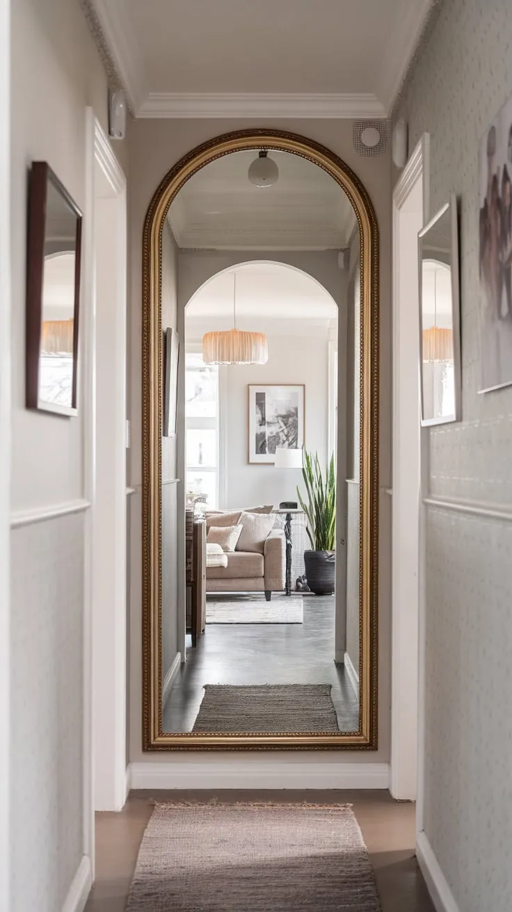 A gold-framed full-length mirror reflects modern minimalist style in a light grey hallway, enhancing the home's entrance.