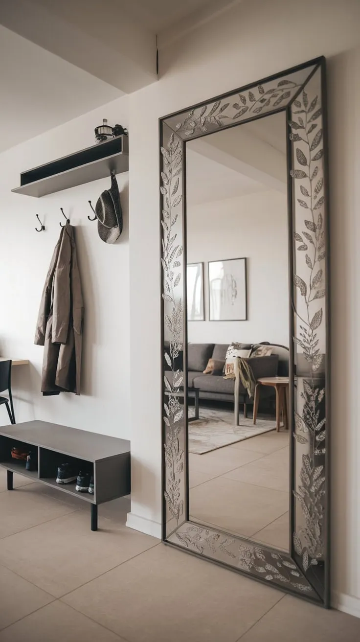 A decorative full-length mirror near the living room entry creates a stylish and functional focal point in a modern, tiled apartment.