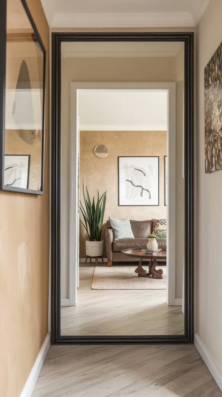 A full-length hallway mirror reflects a stylish living room with beige walls, light wood floors, and tasteful décor.