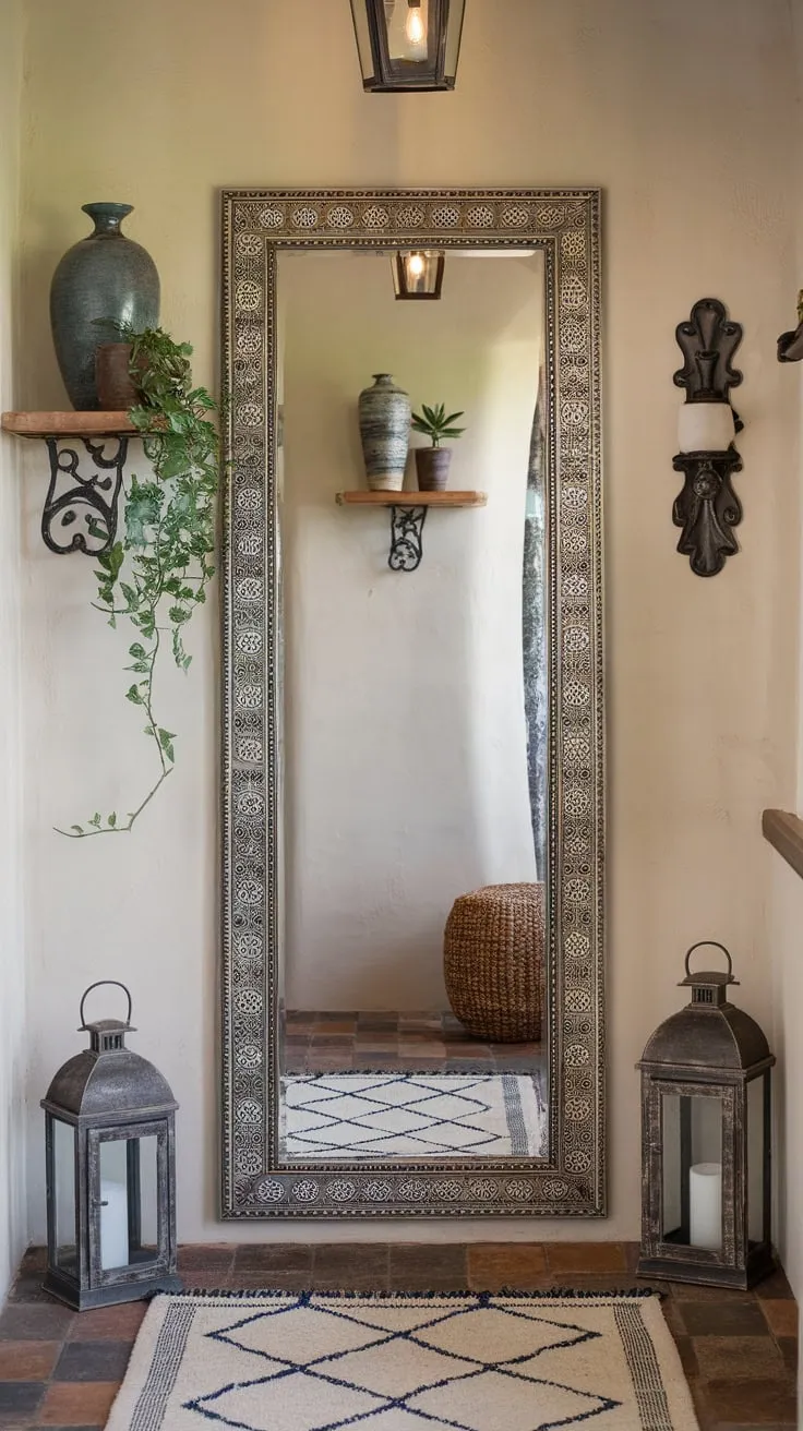 An intricately framed full-length mirror enhances a hallway's aesthetic, showcasing a thoughtfully designed and inviting entryway.