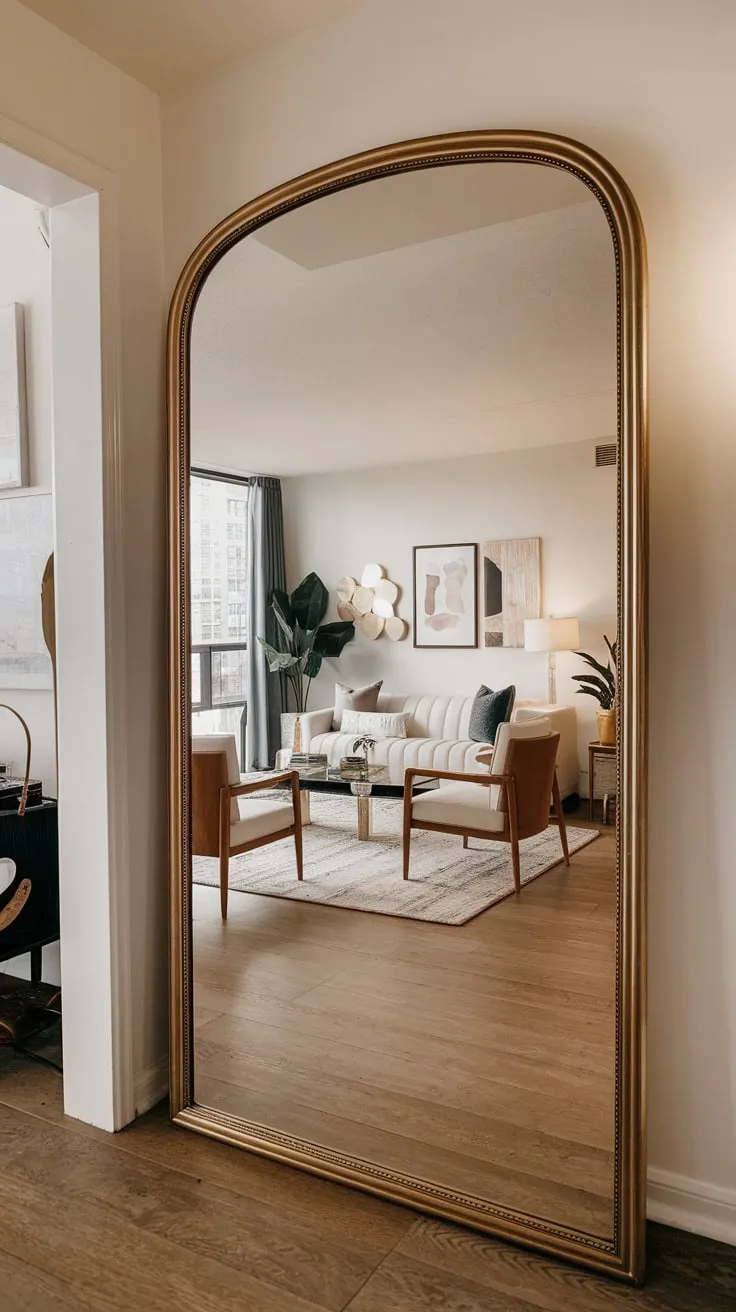 A gleaming gold-framed mirror reflects a bright modern living room's stylish décor from its hallway vantage point