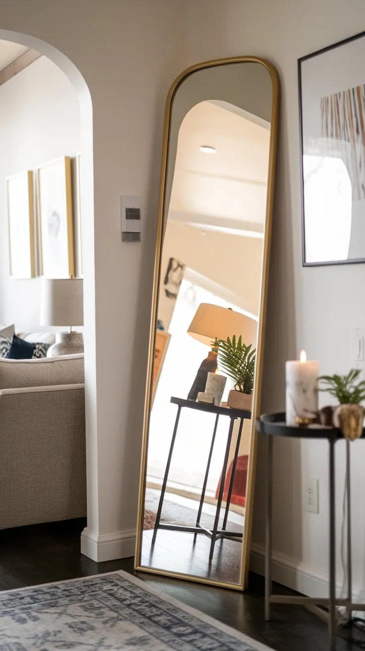 A gold-framed full-length mirror, stylishly placed in a corner hallway, reflects a tastefully decorated living room beyond.