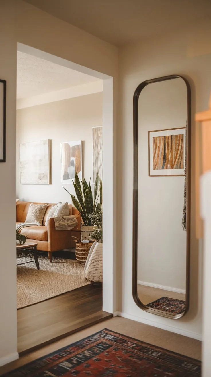 A full-length hallway mirror reflects a warm and inviting living room beyond, enhancing the home's entrance