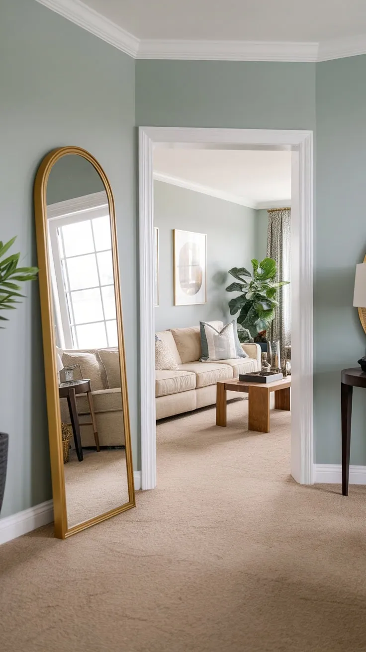 A gold-framed full-length mirror in a light blue living room enhances the modern cozy feel, reflecting the beige sofa and green plant.