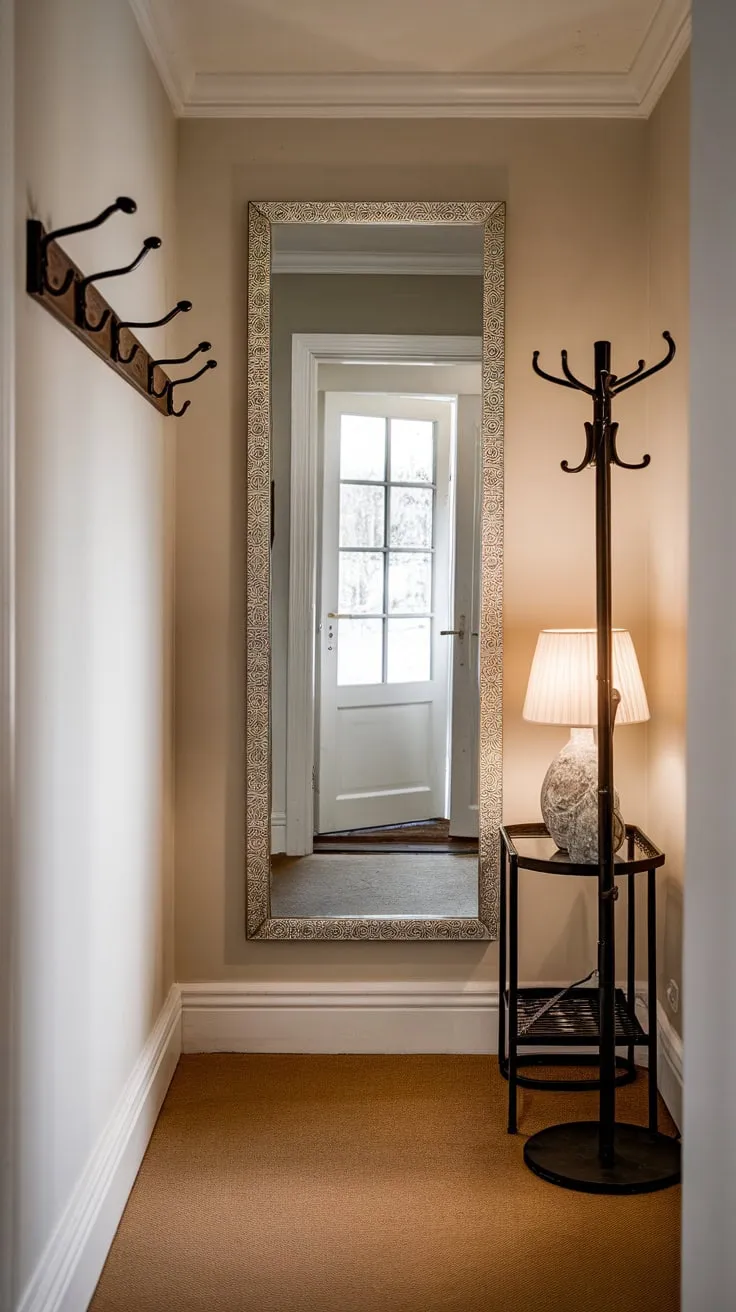 A decorative full-length mirror brightens a cozy hallway, complemented by a coat rack, small table, and door with window.