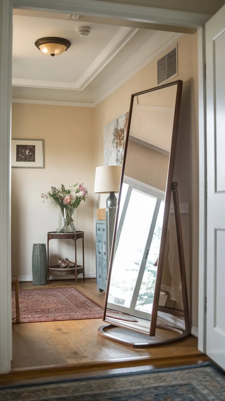 A full-length mirror on a wooden stand, elegantly positioned in a wood-floored hallway entryway with floral accents, creates a welcoming and stylish focal point.