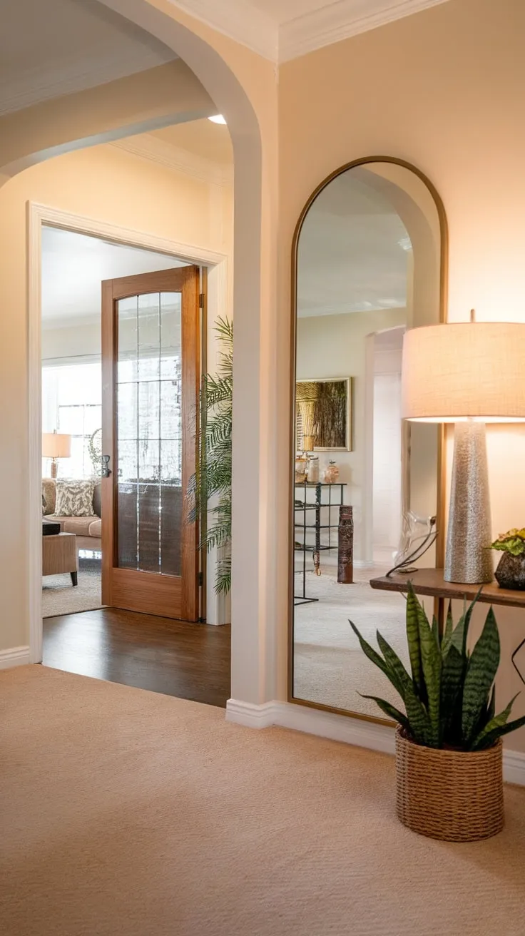 A stylish hallway mirror expands the perception of space in a beige and white home, showcasing a cozy living room beyond.