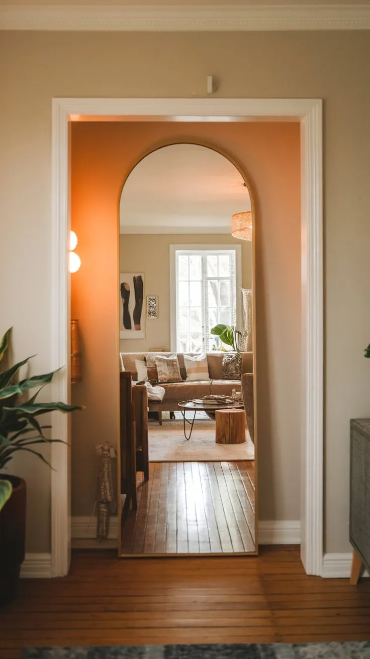 A warm living room's inviting ambiance is subtly extended by a hallway mirror reflecting a softly lit wooden hallway