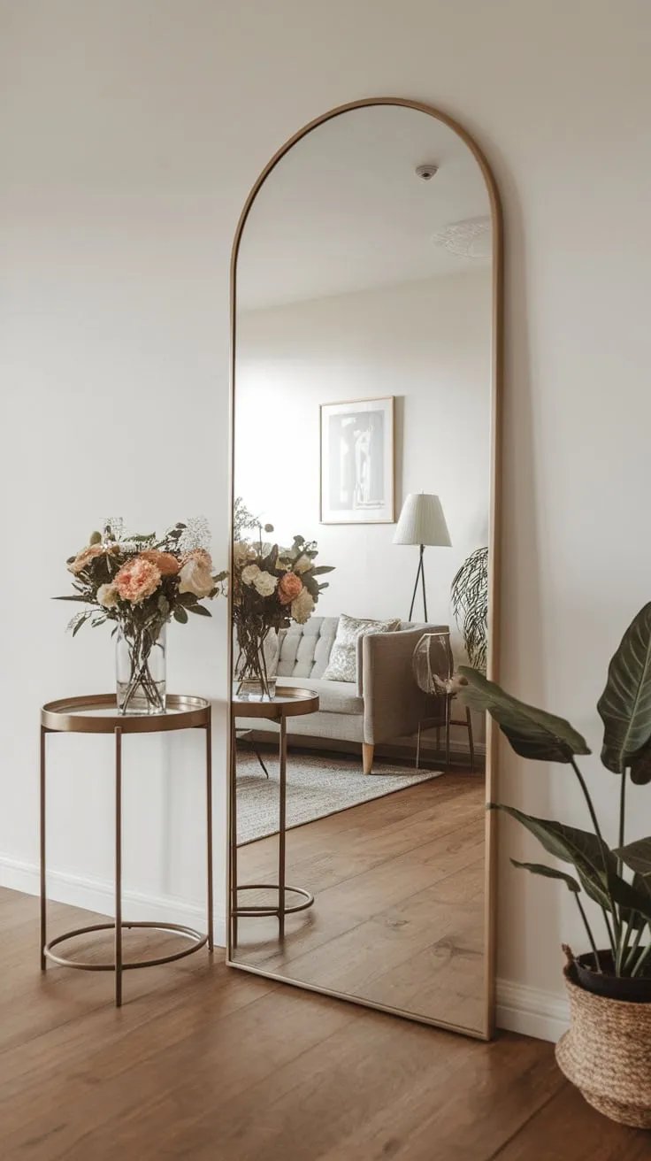 A simple hallway mirror subtly expands a minimalist home's aesthetic, showcasing a living room glimpse and delicate floral arrangement.