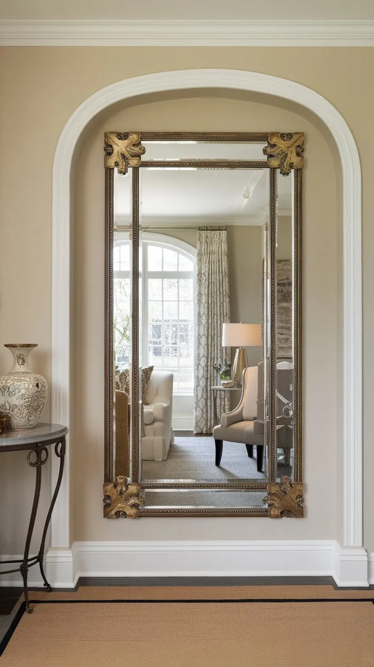 An ornate hallway mirror with gold detailing showcases a stylish living space beyond its reflective surface.