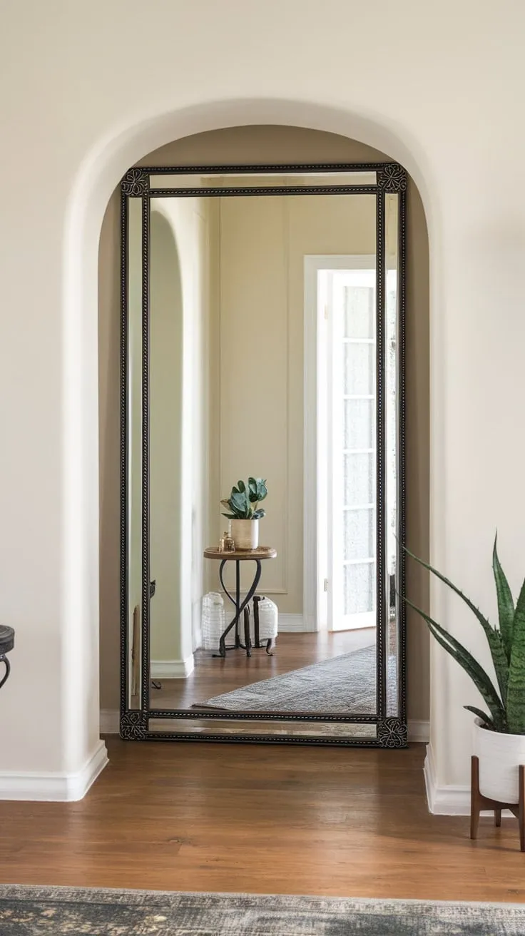 A grand hallway mirror, elegantly framed and accented with tasteful décor, reflects a bright and welcoming space