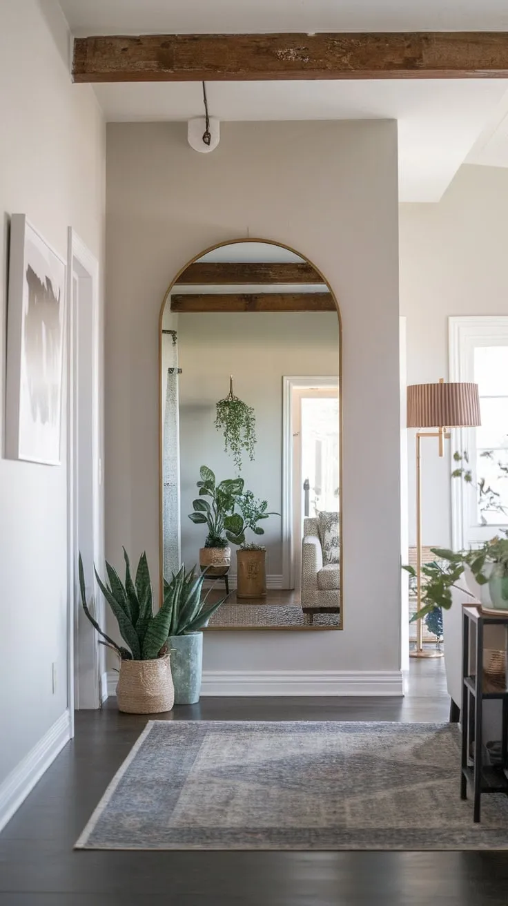 A hallway mirror reflects a stylish home entrance, its light gray walls and exposed beams complemented by plants, a lamp, and a welcoming rug.