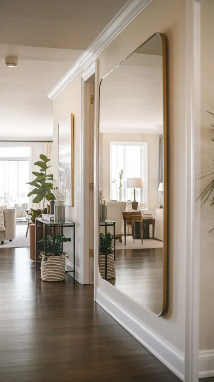 A welcoming hallway, complete with a strategically placed mirror, showcases a glimpse of a cozy living room beyond.