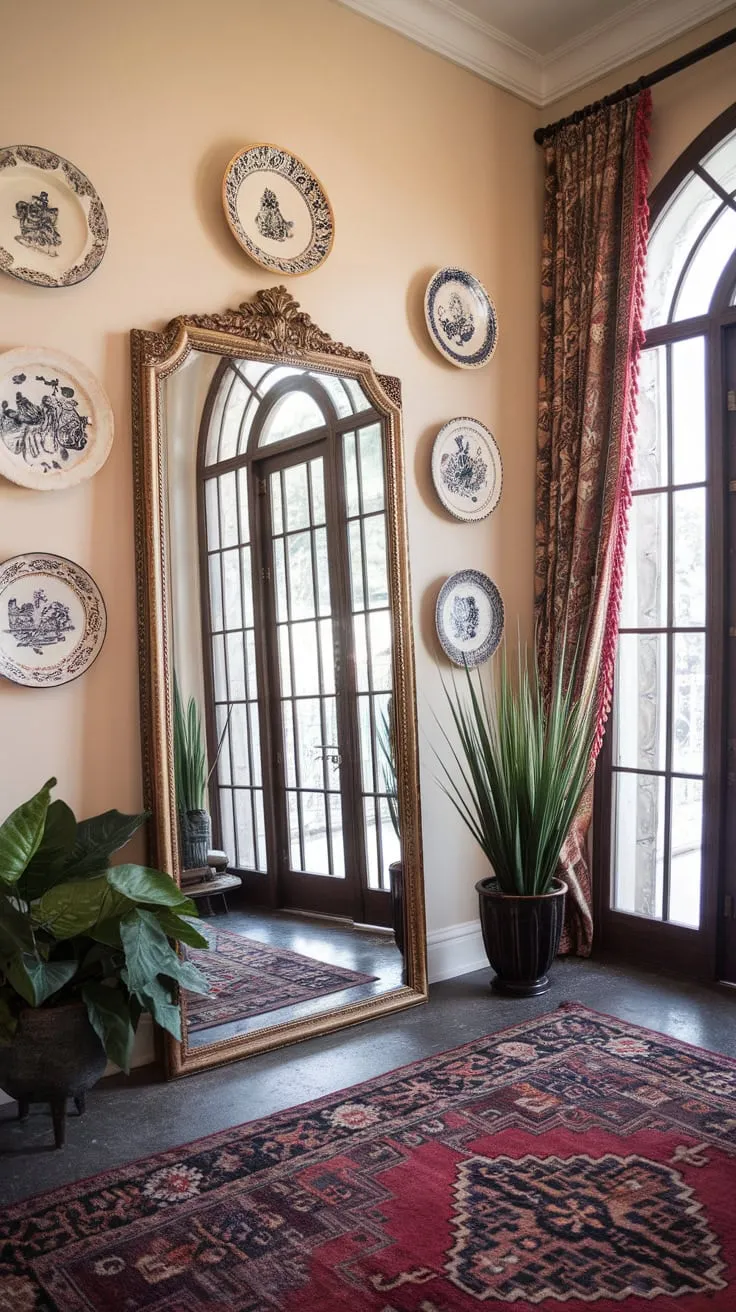 A grand gold-accented hallway mirror, flanked by vintage plates and a lush plant, elevates the home entrance with opulent style