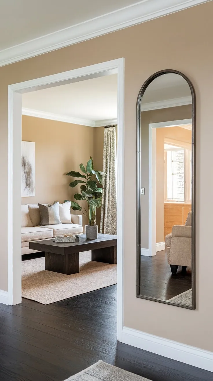 The hallway mirror, a key element of this home entrance decor, subtly expands the space, reflecting the warm glow of the living room.  The hall design and home design living room seamlessly blend, creating a sophisticated and inviting atmosphere.