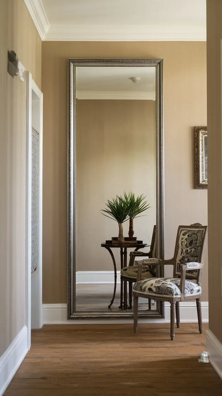 The hallway mirror expands the space, reflecting the elegant home entrance decor and creating a welcoming atmosphere.  The careful hall design, complete with a comfortable chair and vibrant plant, seamlessly blends into the overall home design living room aesthetic.