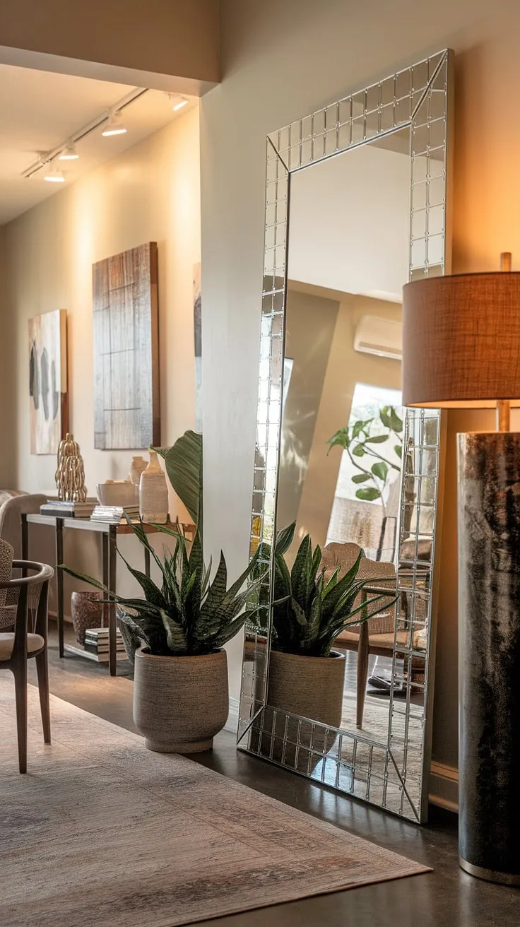 The grand hallway mirror reflects the warm glow of the living room, setting the perfect tone for this inviting home entrance decor.  The hall design seamlessly blends with the home design living room, creating a cohesive and stylish space.