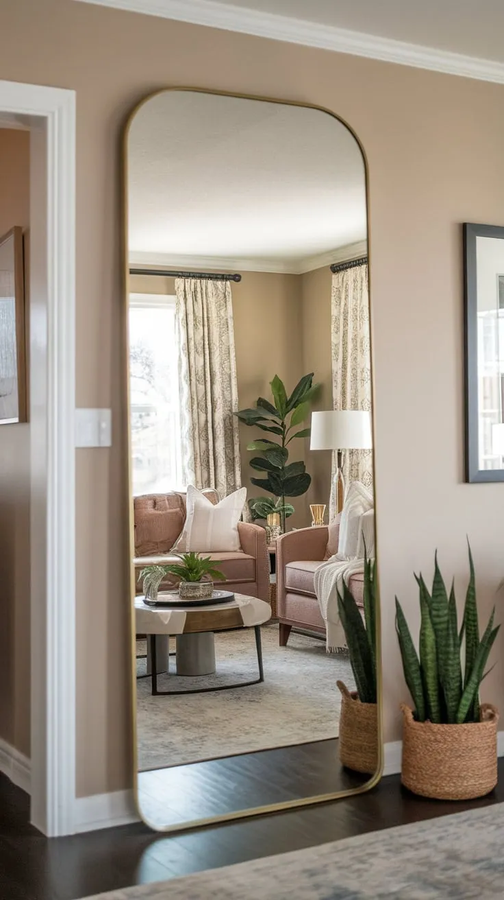 A hallway mirror strategically placed near the living room entrance expands the space and beautifully reflects its warm beige walls, cozy furnishings, and inviting decor.