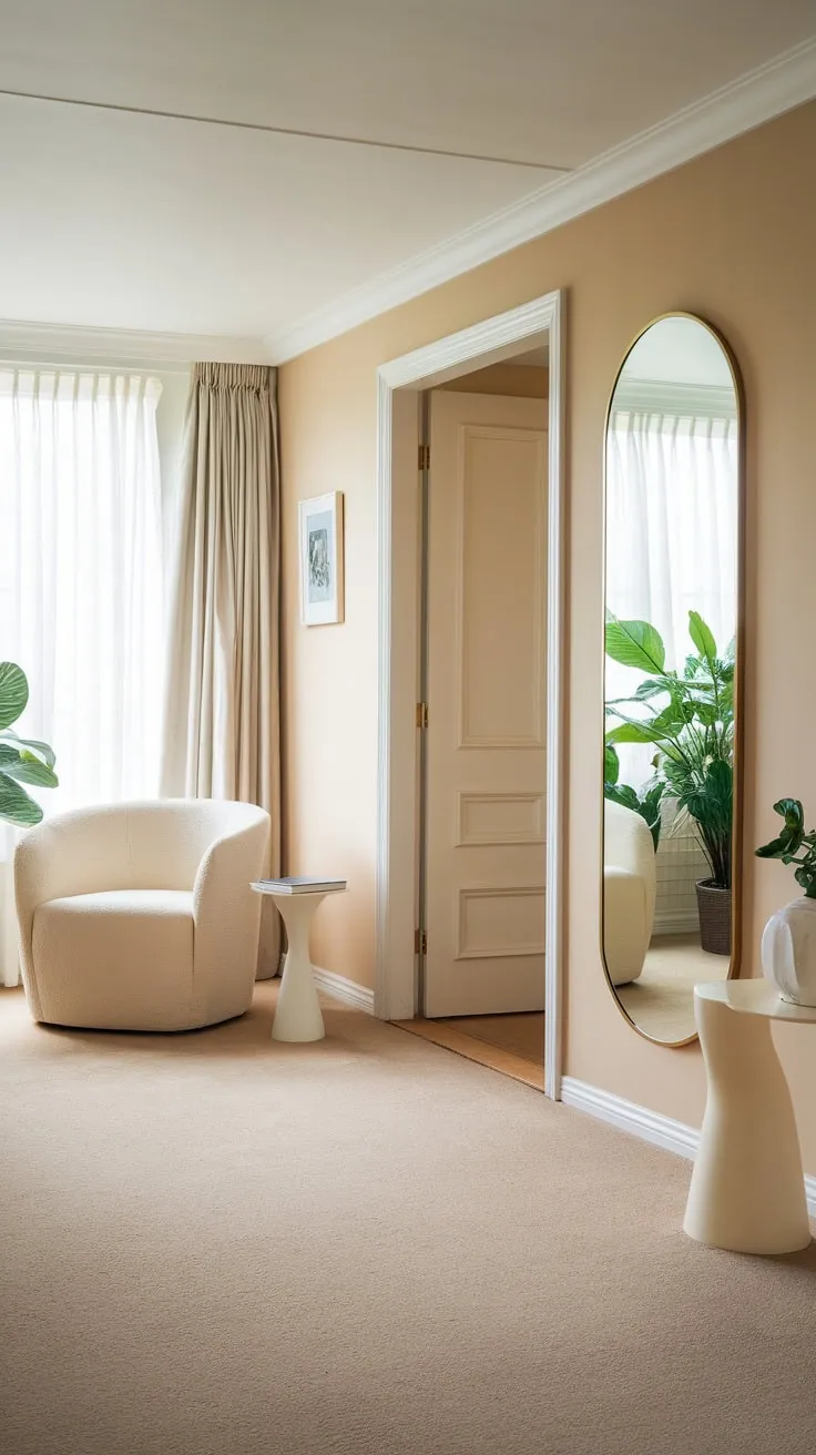 A hallway mirror reflects light into a calming beige living room, accented by a green plant and white furnishings.