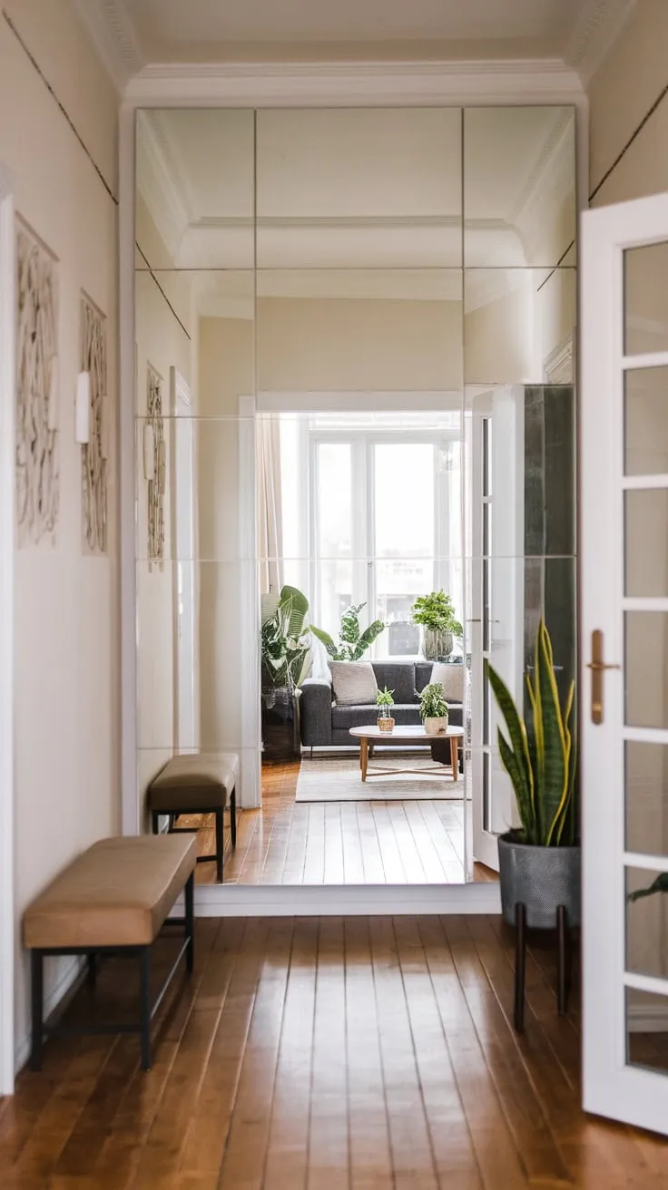 A floor-to-ceiling hallway mirror reflects a stylish living room and patterned hallway, expanding the space's perceived size and elegance