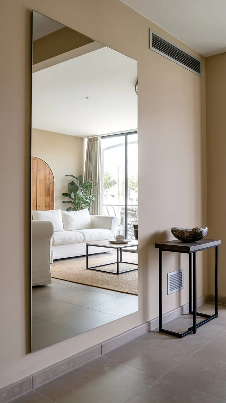 Beige walls and tiled floors frame a hallway mirror reflecting a serene living room scene of white sofa, coffee table, and plant