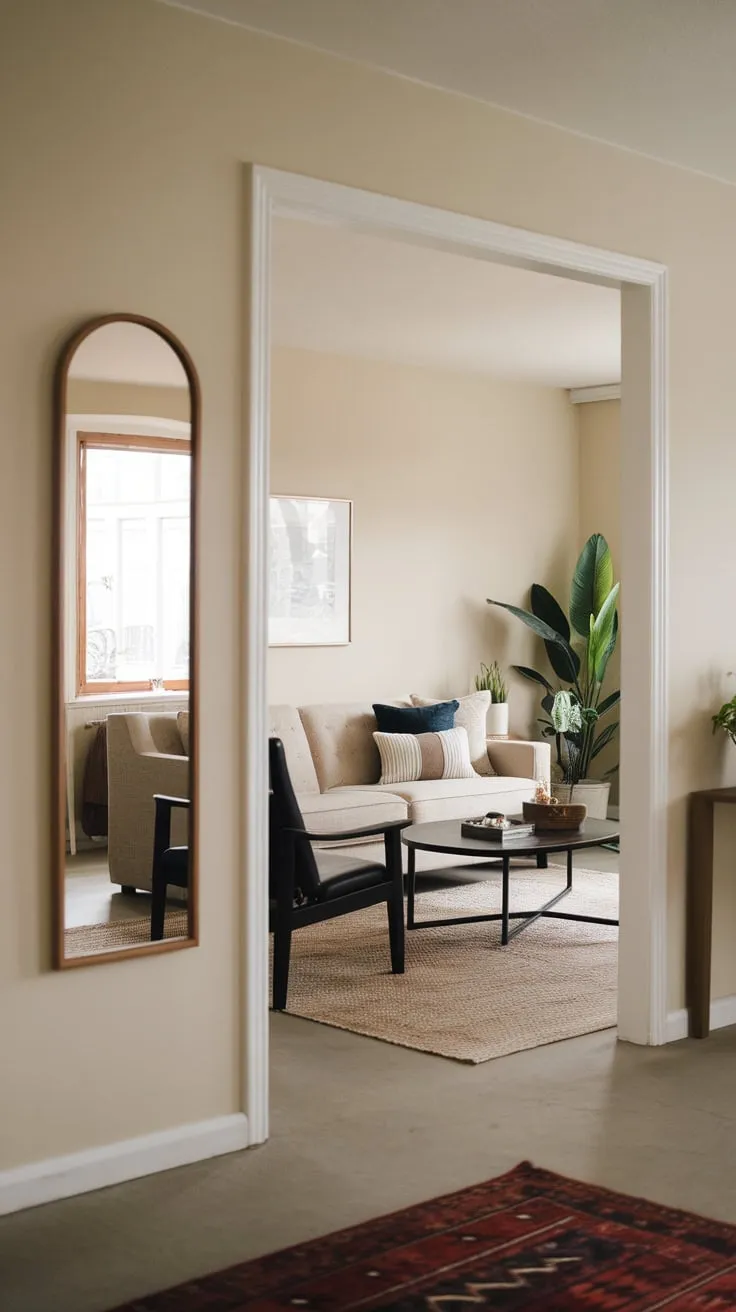 A light and airy living room is subtly amplified by a strategically placed hallway mirror near the entrance.