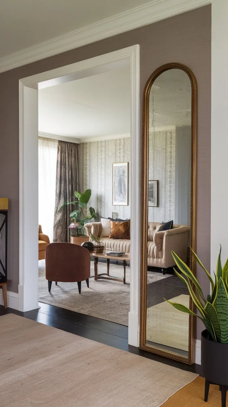A gold-framed hallway mirror strategically placed near the living room entrance reflects light and expands the space, complementing the beige and grey decor