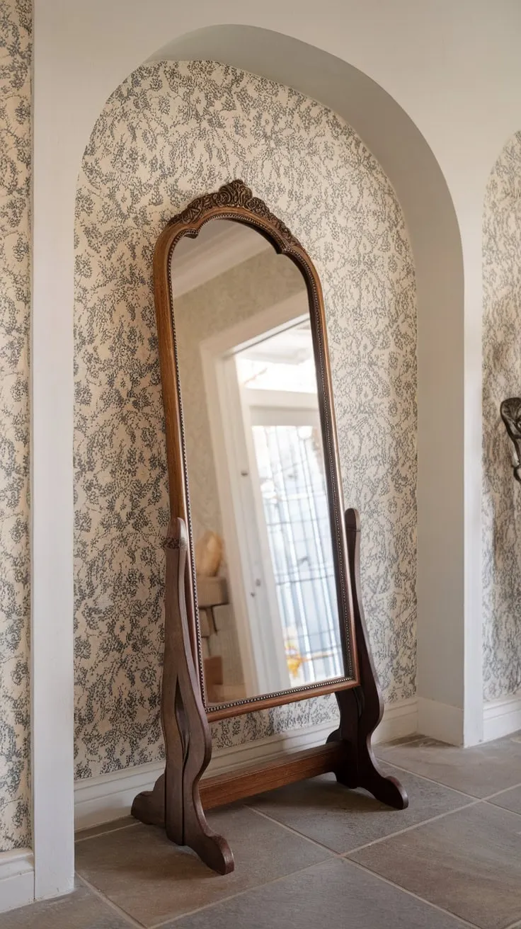 A vintage-inspired hallway mirror with a decorative frame and wooden stand reflects elegance against floral wallpaper and tiled floors in a living room or hall entryway