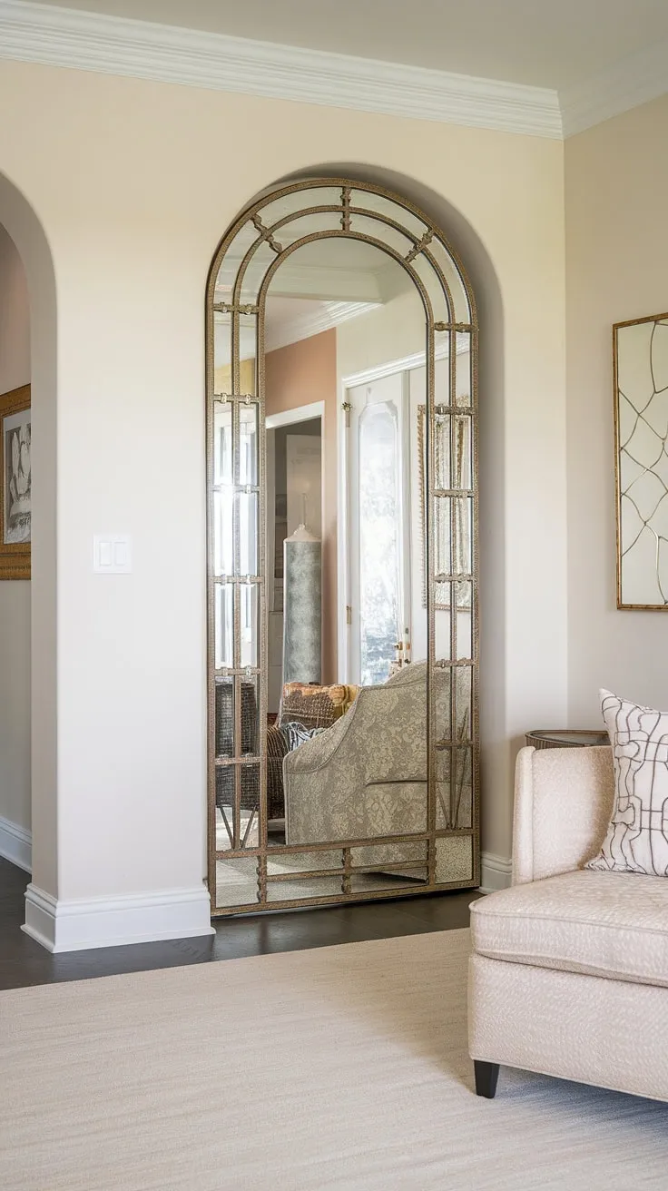 A touch of elegance greets you at the home entrance, with this stunning gold-framed hallway mirror setting the tone for the sophisticated home design living room and hall design beyond.