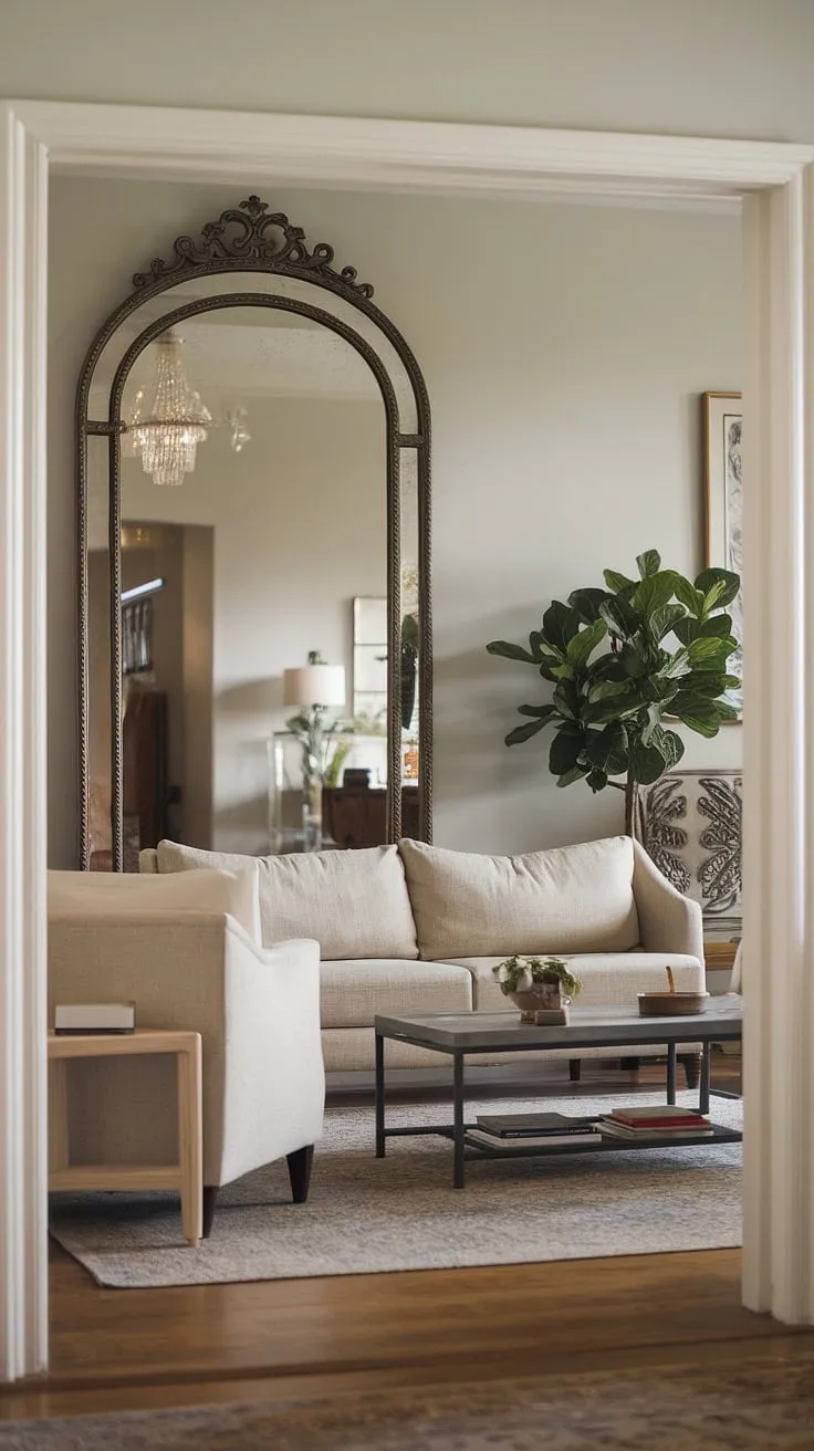The grand hallway mirror, a statement piece in this home entrance decor, reflects the elegant hall design and draws the eye deeper into the inviting home design living room.  The soft grey walls and beige sofa create a serene atmosphere.