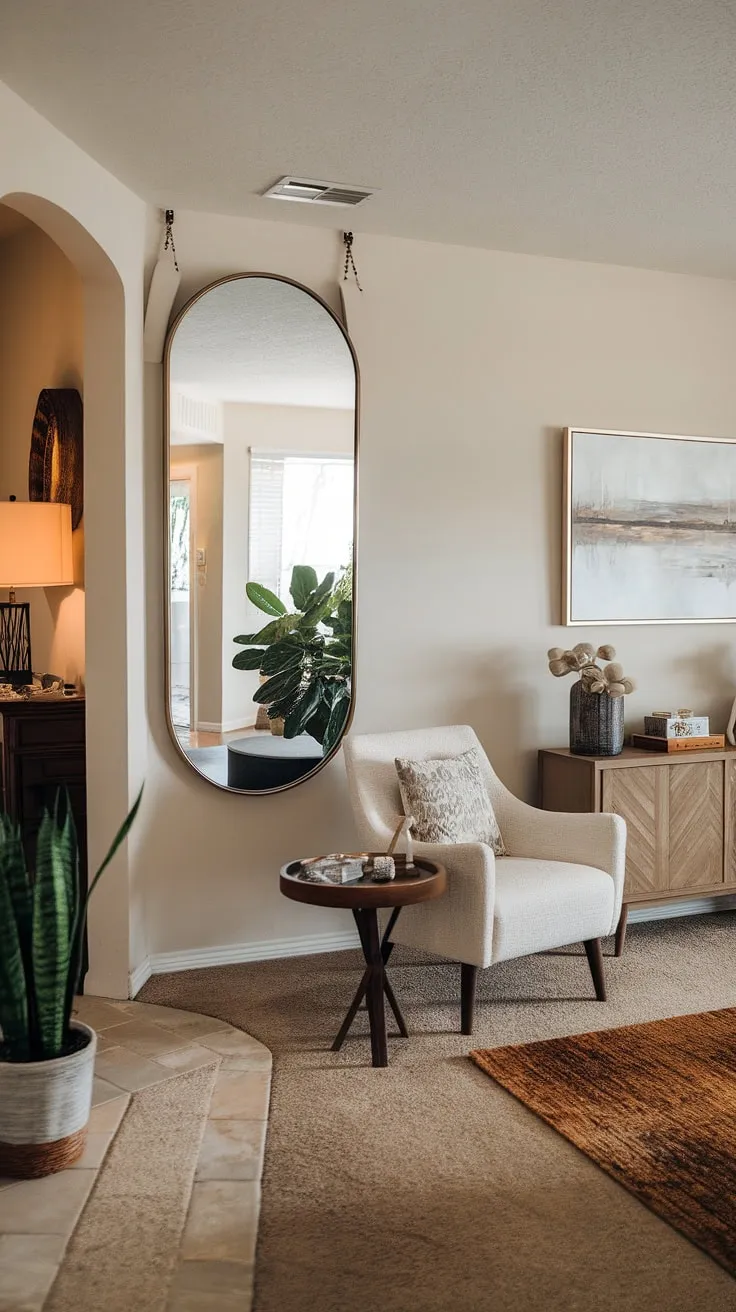 The hallway mirror subtly expands the space, reflecting the welcoming home entrance decor and leading the eye deeper into this thoughtfully designed living room.  The overall home design living room aesthetic is one of calm sophistication.