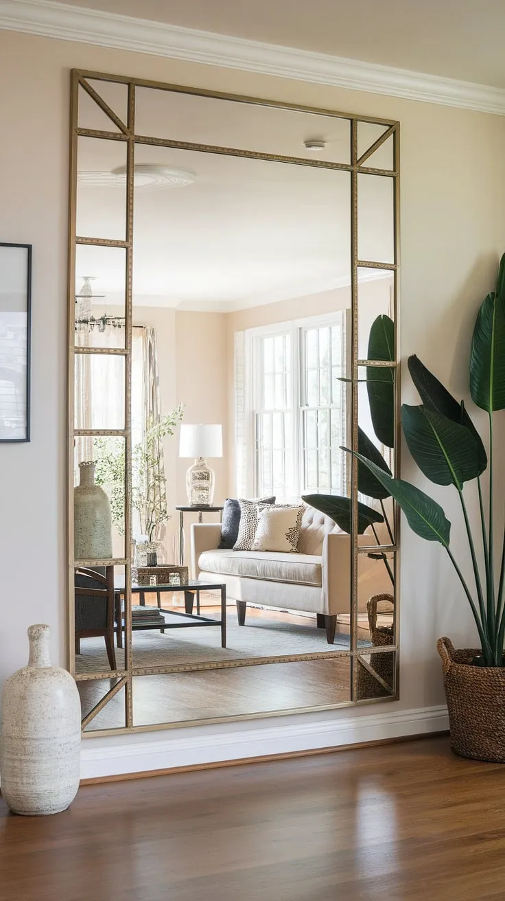 This hallway mirror, a stunning piece of home entrance decor, elevates the hall design and seamlessly blends into the home design living room, creating a sophisticated and welcoming atmosphere.  The gold accents add a touch of luxury, perfectly complementing the beige couch and hardwood floors.