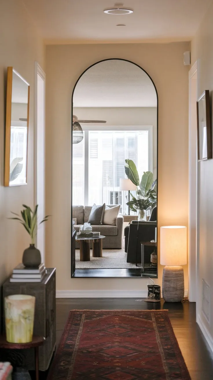 A hallway's large mirror reflects a cozy living room scene, enhancing the space with light and depth