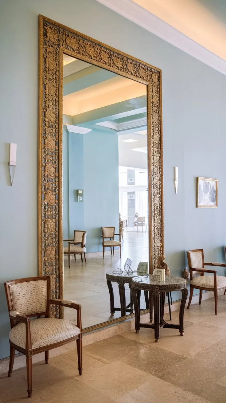 Intricate gold detailing frames a grand hallway mirror, its reflection enhancing the light blue walls and beige tile floor's quiet sophistication.