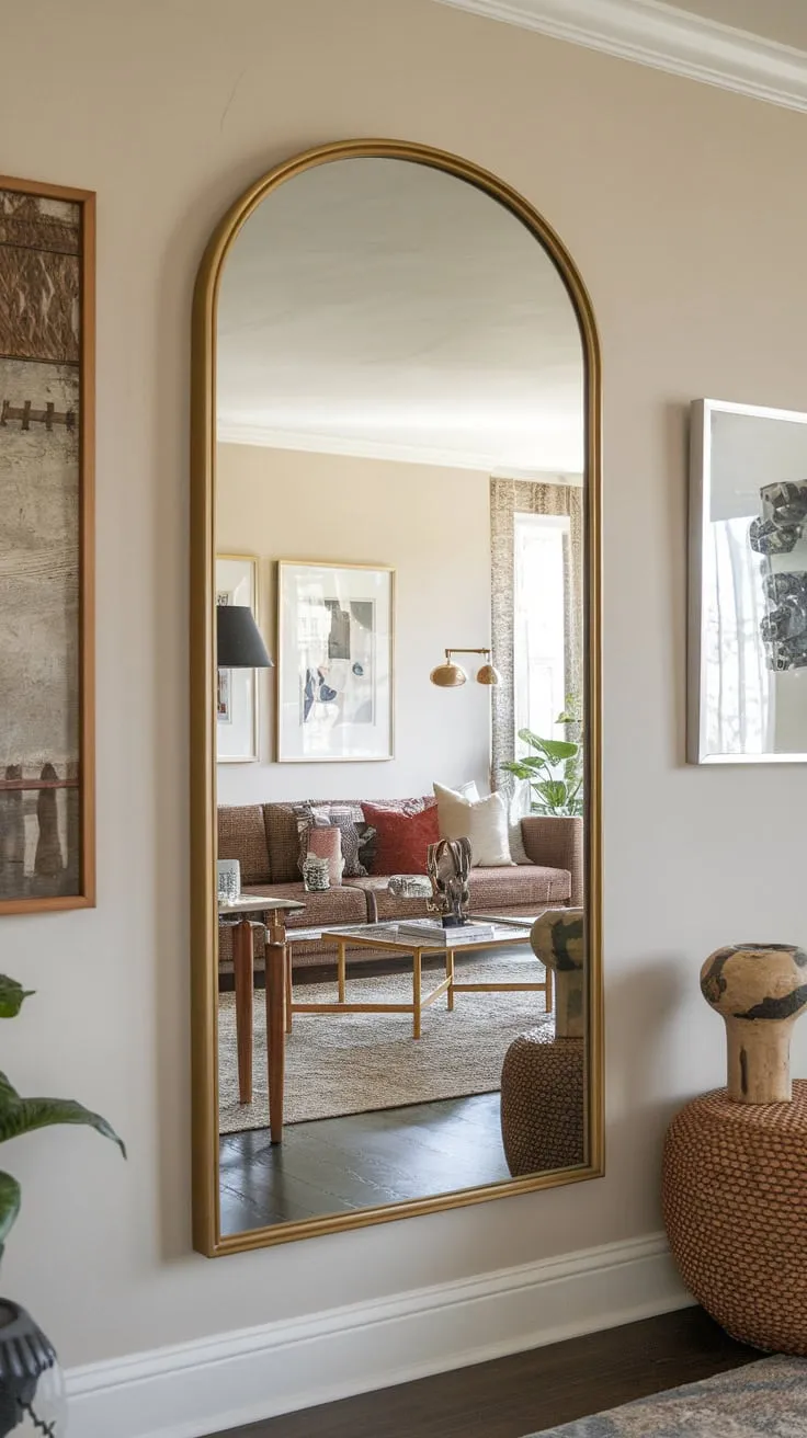 A gleaming gold-framed mirror in the hallway expands the perceived space, showcasing a tastefully decorated living room.
