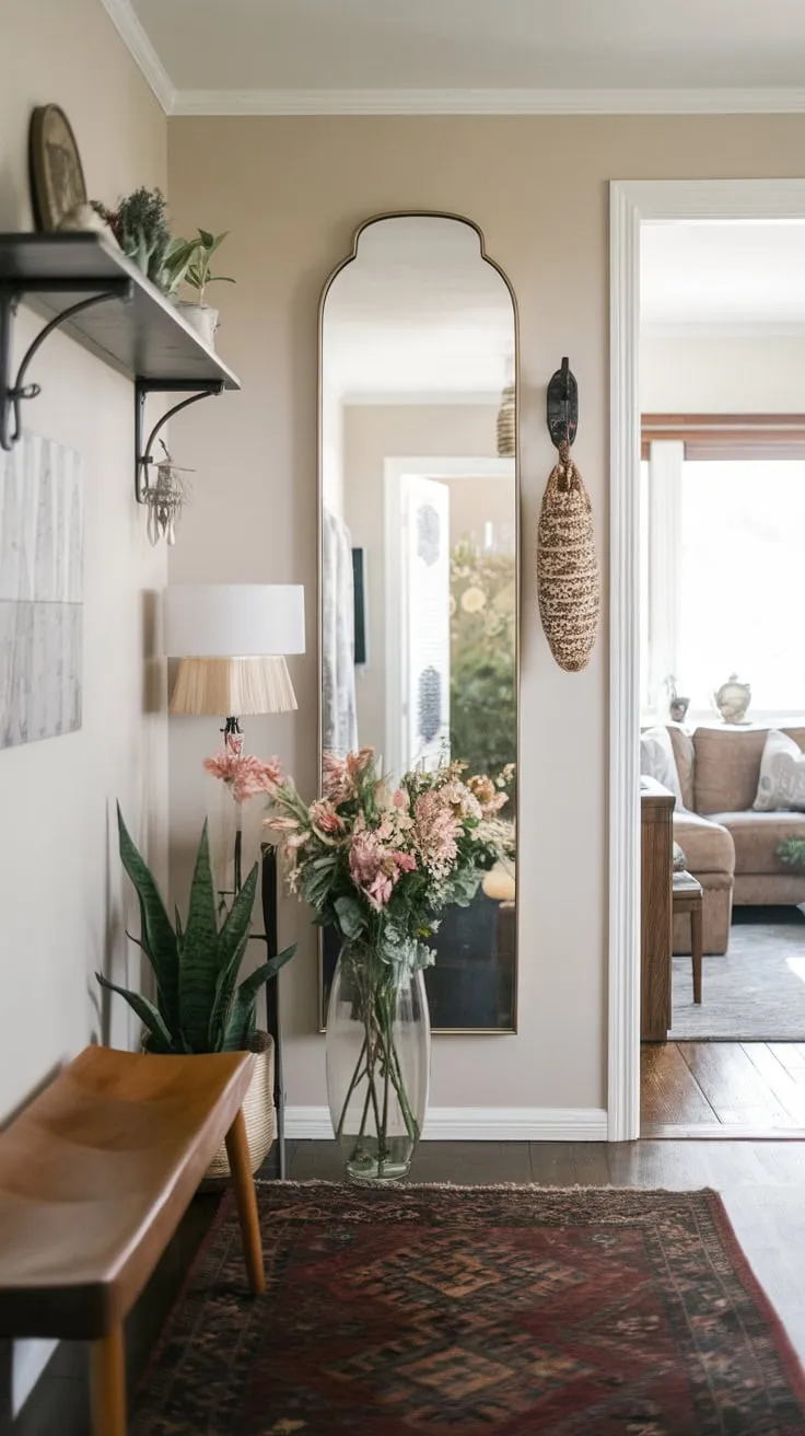 A stylish hallway mirror enhances a home's entryway, its reflection showcasing a curated space with seating, greenery, and a peek into the adjacent living room.