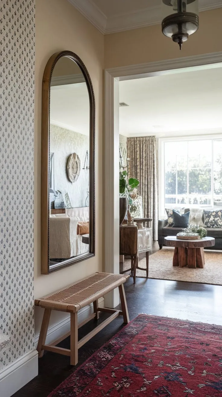 A welcoming hallway features a mirror reflecting a cozy living room scene, enhanced by a patterned wall and a convenient bench.